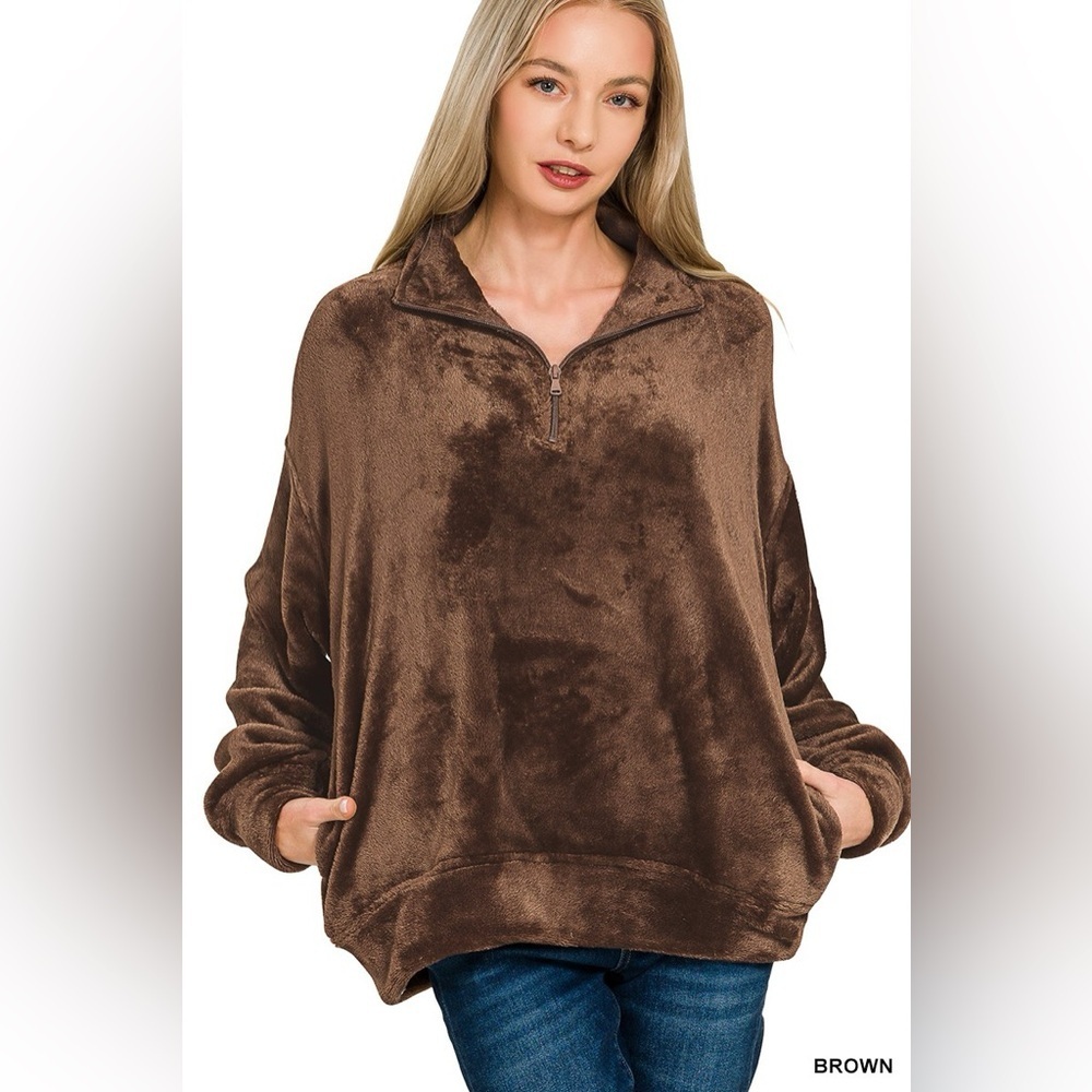Zenana Faux Fur Half Zip Pocket Pullover